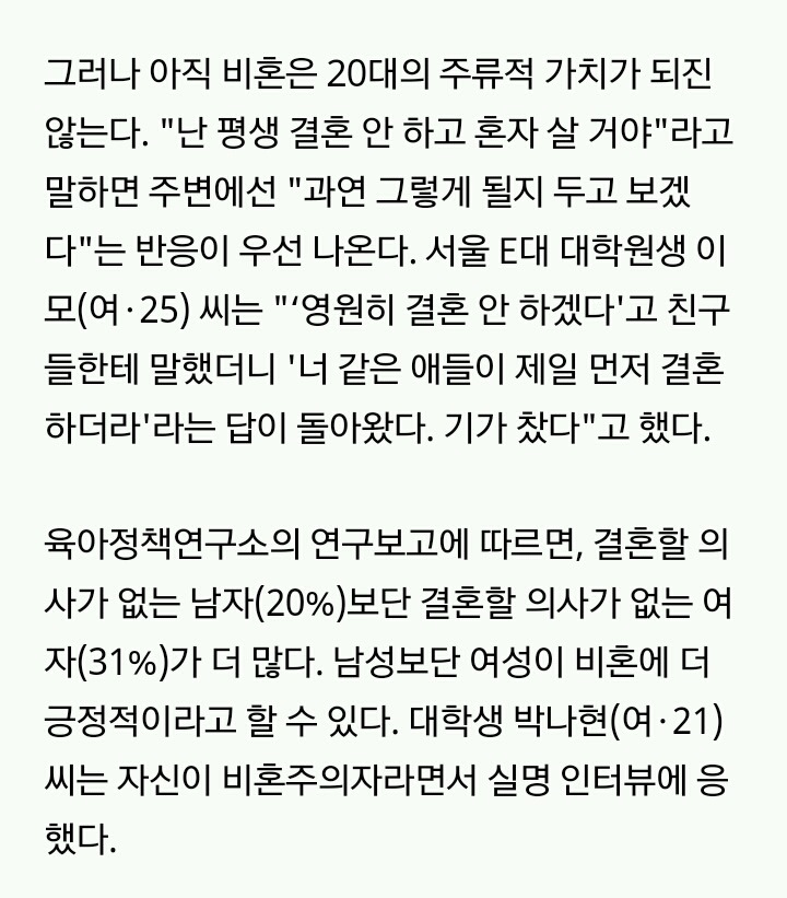 [20대리포트] 결혼 거부하는 비혼주의자들 | 인스티즈