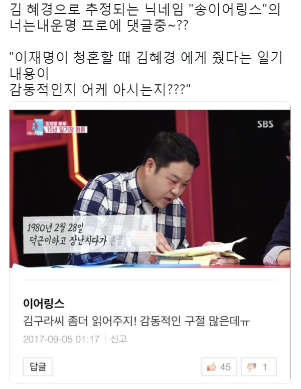 요며칠 확인된 김혜경으로 추정되는 송이어링스의 예전 댓글 중 하나 | 인스티즈
